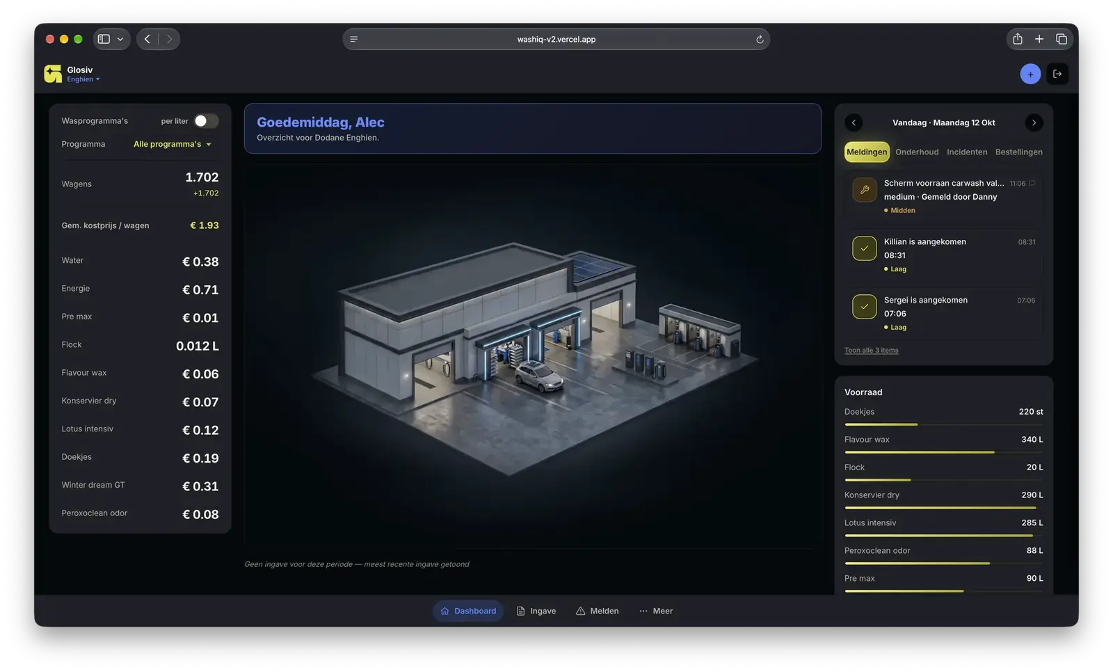 Screenshot des Glosiv-Dashboards mit Kosten pro Fahrzeug und Verbrauch pro Standort